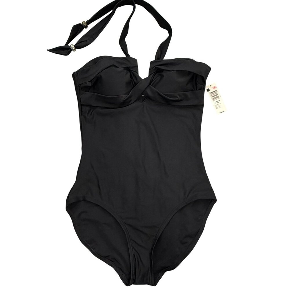 Attention Y2K Swimsuit Womens M Black One‎ Piece Halter Padded Cups Bead Accents